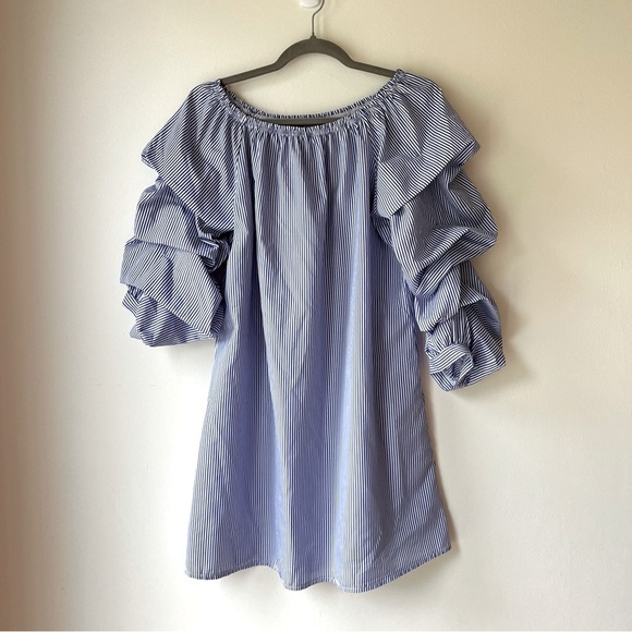 Dresses & Skirts - Ruffle Sleeve Off Shoulder mini dress Blue White Stripe Cotton Blend M